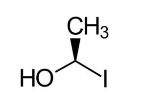 Compound C rotated so oxygen is bottom left (with H furthest from center) and iodine is bottom right.